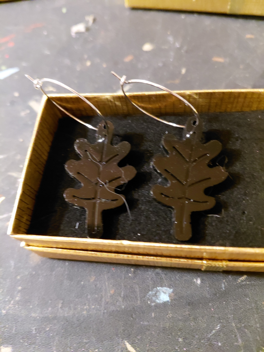 Black Leaf Dangle Hoop Earrings - Women Jewelry Earrings